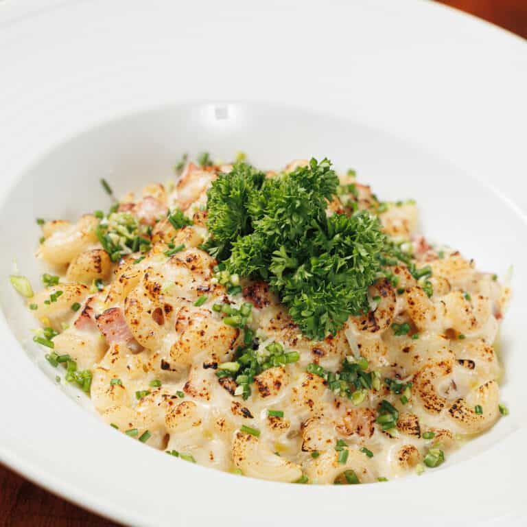 French style macaroni with smoked ham, crème fraîche & parmesan cheese